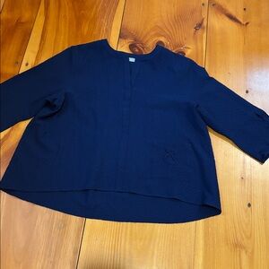 HABITAT L Navy V-Neck Textured Blouse 3/4 Sleeve Lace Up Detailing